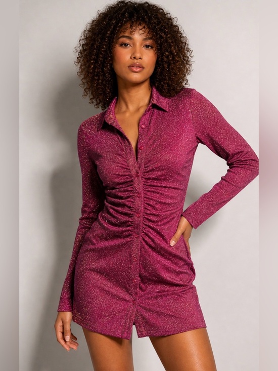 Good American Dresses & Skirts - Good American Pink Sparkle Metallic Ruched Mini Dress Long Sleeve Sz 2 NWT